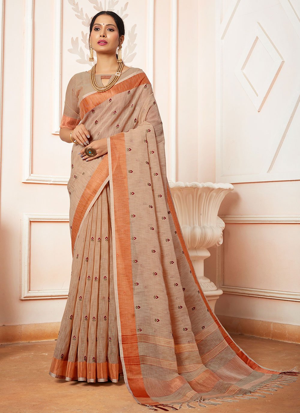 Contemporary Cotton Linen Brown Embroidered Saree