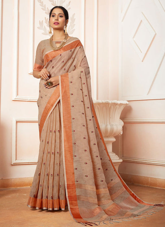 Contemporary Cotton Linen Brown Embroidered Saree