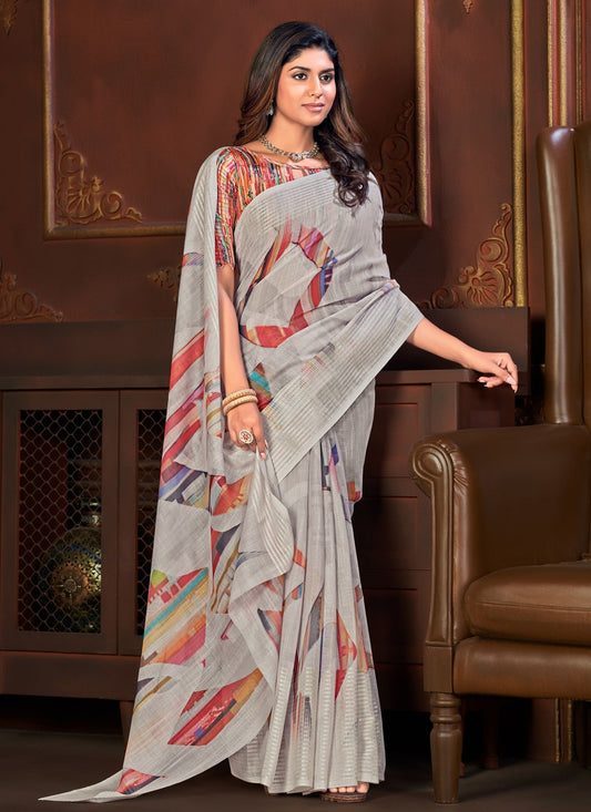 Designer Linen Grey Floral Patch Saree