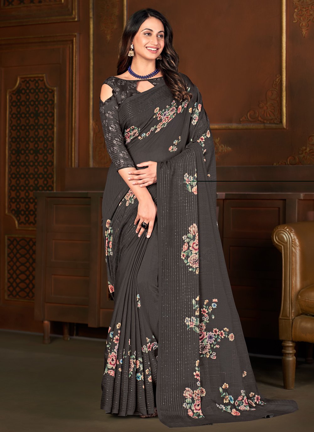 Designer Linen Grey Floral Patch Saree