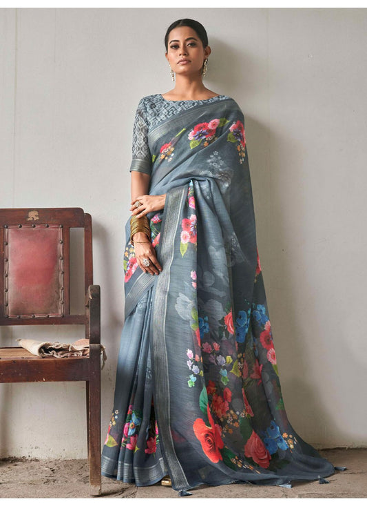 Designer Linen Grey Print Saree