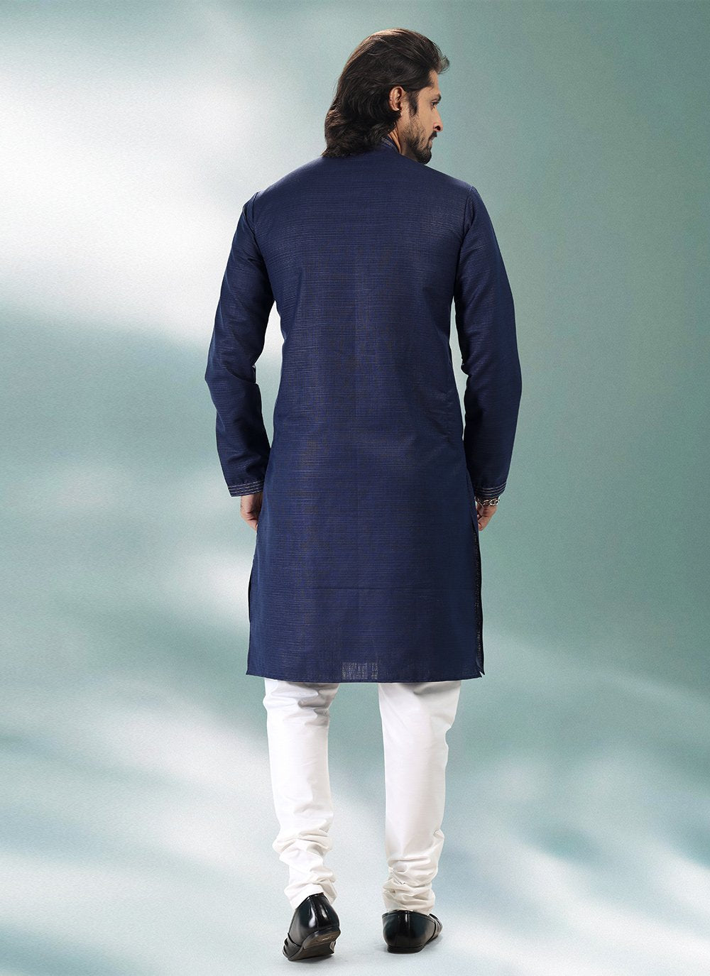 Kurta Pyjama Cotton Linen Blue Plain Mens