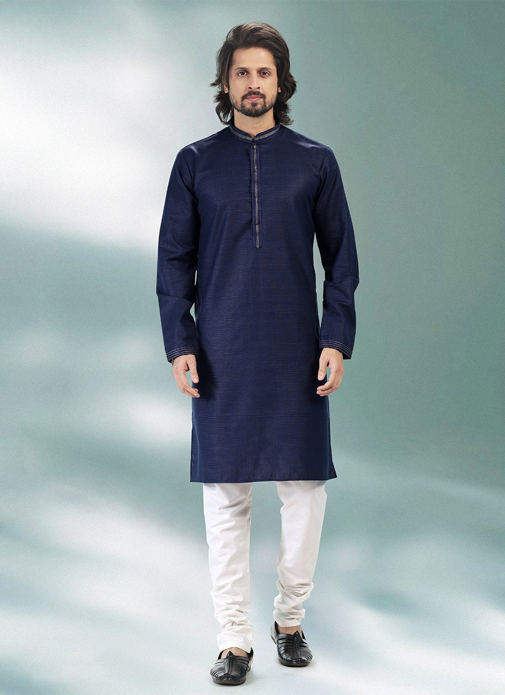 Kurta Pyjama Cotton Linen Blue Plain Mens