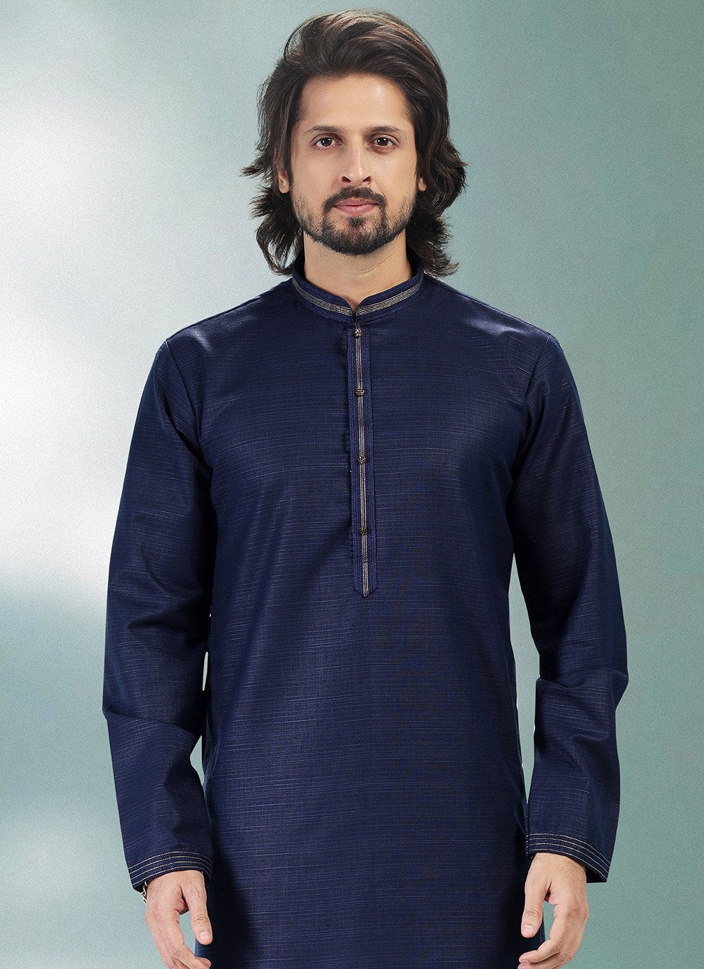 Kurta Pyjama Cotton Linen Blue Plain Mens