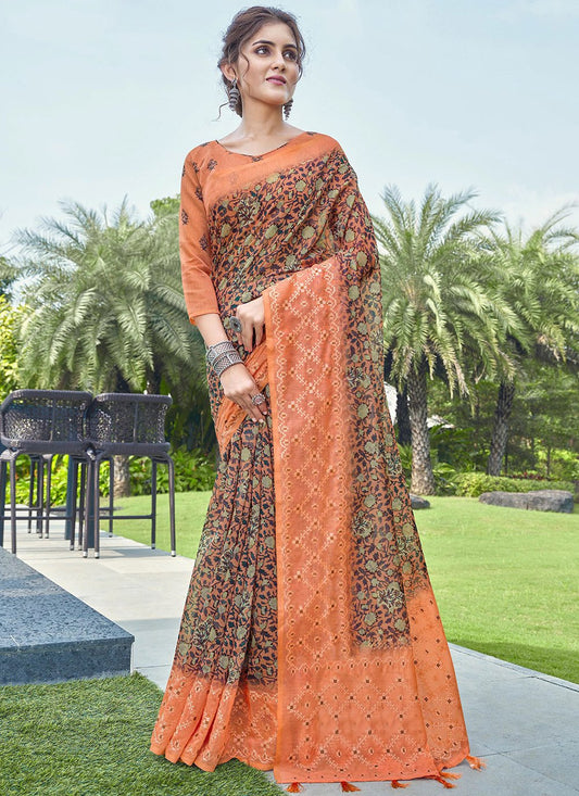 Classic Linen Peach Embroidered Saree