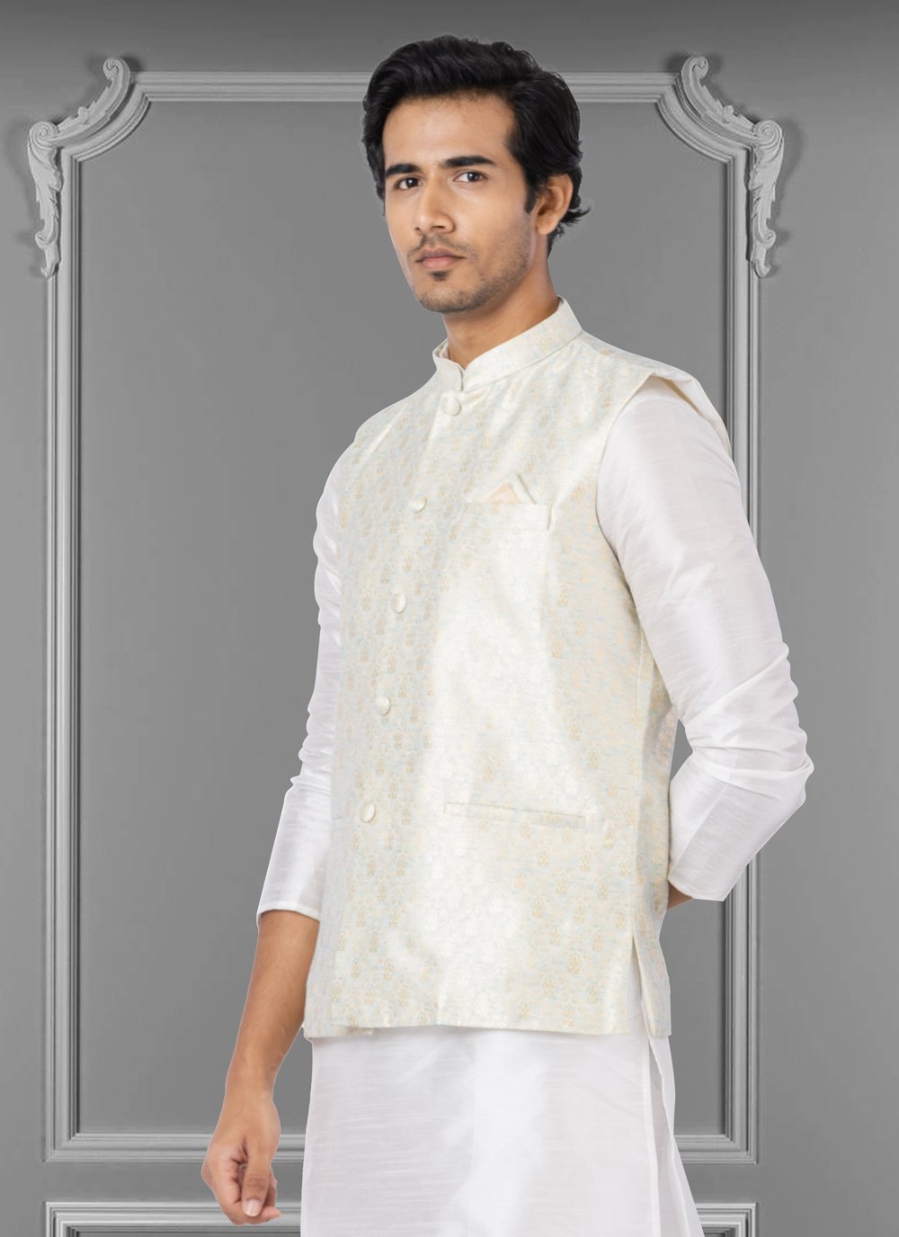 Nehru Jackets Linen Silk Off White Embroidered Mens