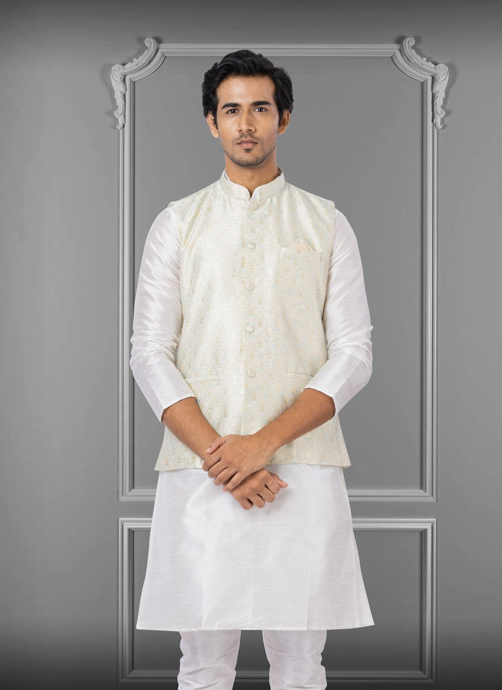 Nehru Jackets Linen Silk Off White Embroidered Mens
