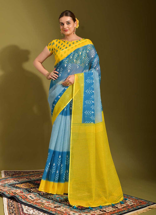 Trendy Saree Linen Yellow Digital Print Saree