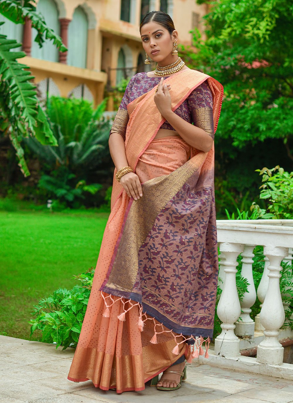 Contemporary Linen Peach Woven Saree