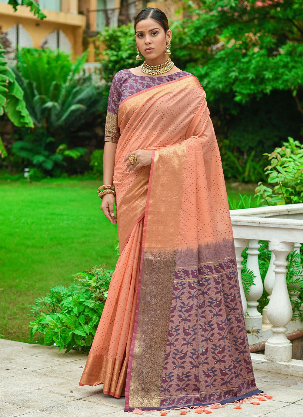 Contemporary Linen Peach Woven Saree