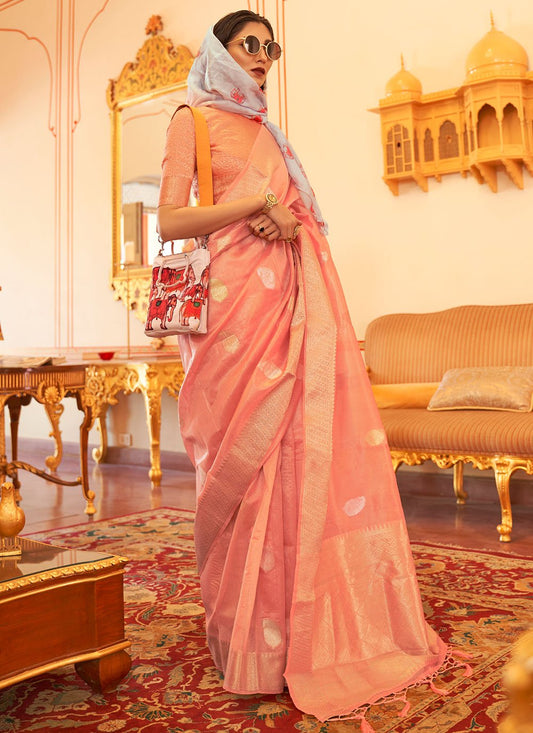 Classic Linen Peach Weaving Saree