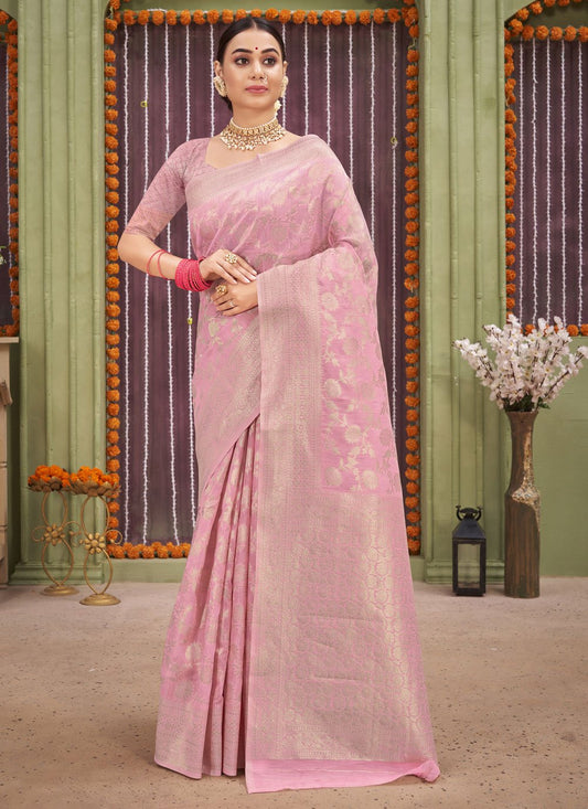 Traditional Saree Linen Pink Foil Print Saree