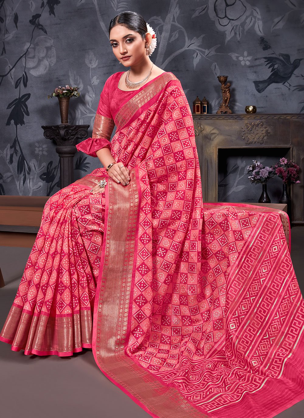 Trendy Saree Cotton Linen Pink Digital Print Saree