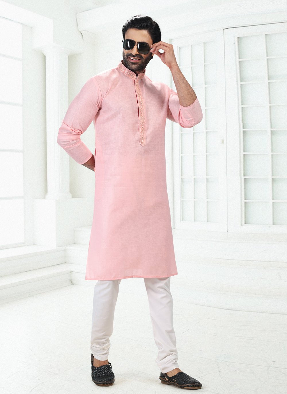 Kurta Pyjama Cotton Linen Pink Thread Mens
