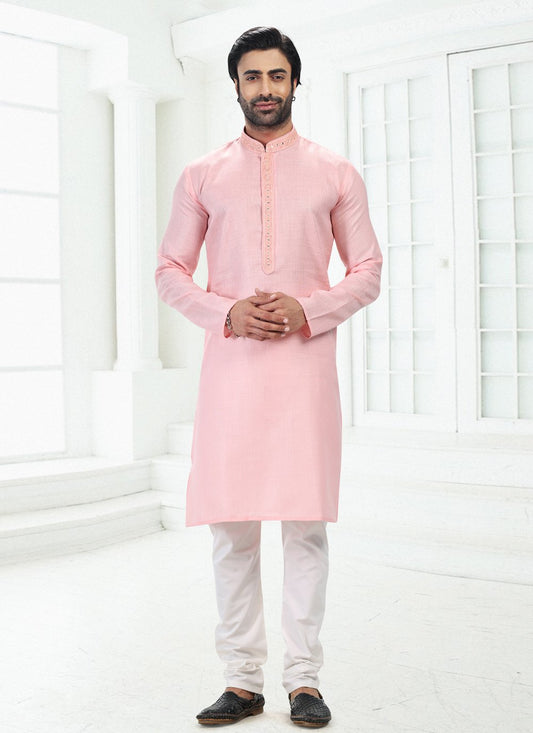 Kurta Pyjama Cotton Linen Pink Thread Mens