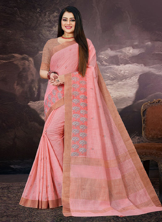 Trendy Saree Linen Pink Embroidered Saree