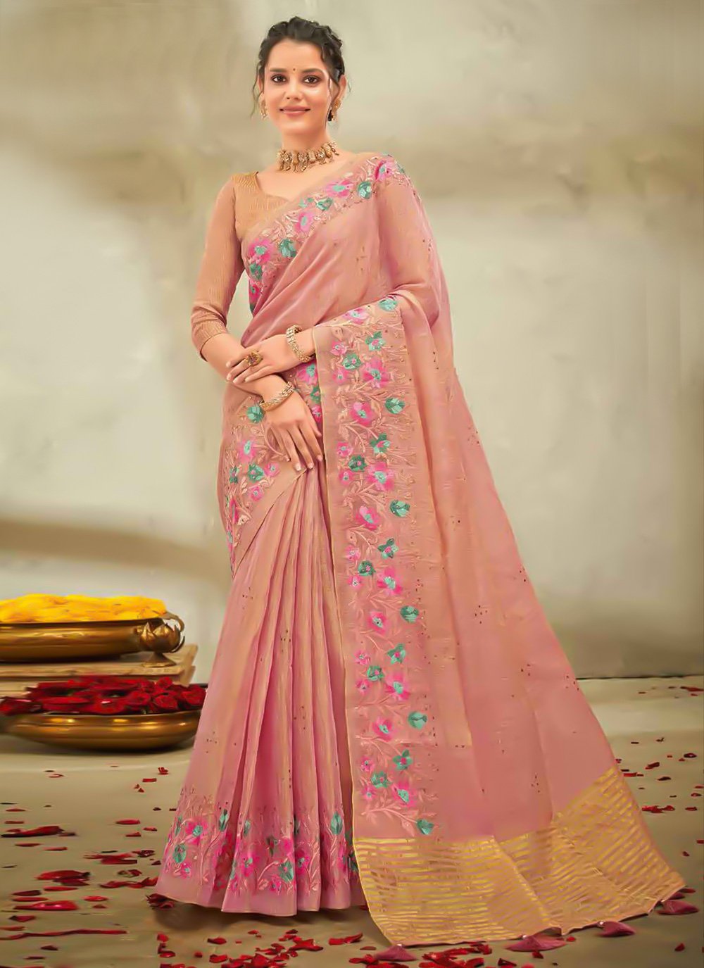 Trendy Saree Cotton Linen Pink Embroidered Saree