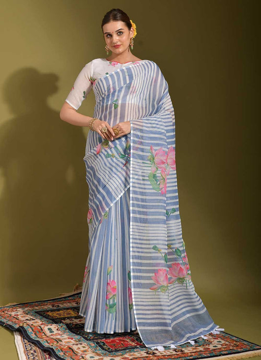 Classic Linen Blue White Print Saree