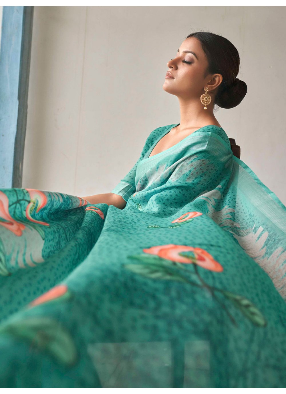 Trendy Saree Linen Green Print Saree