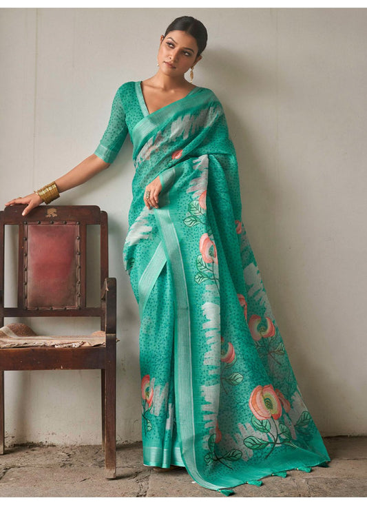 Trendy Saree Linen Green Print Saree