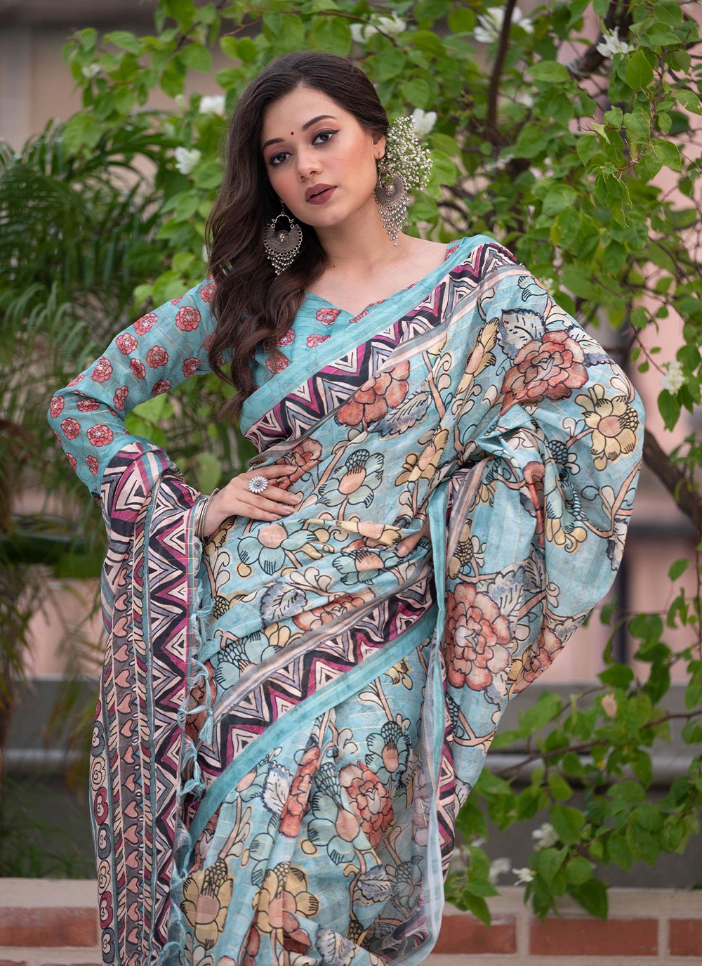 Classic Linen Blue Print Saree