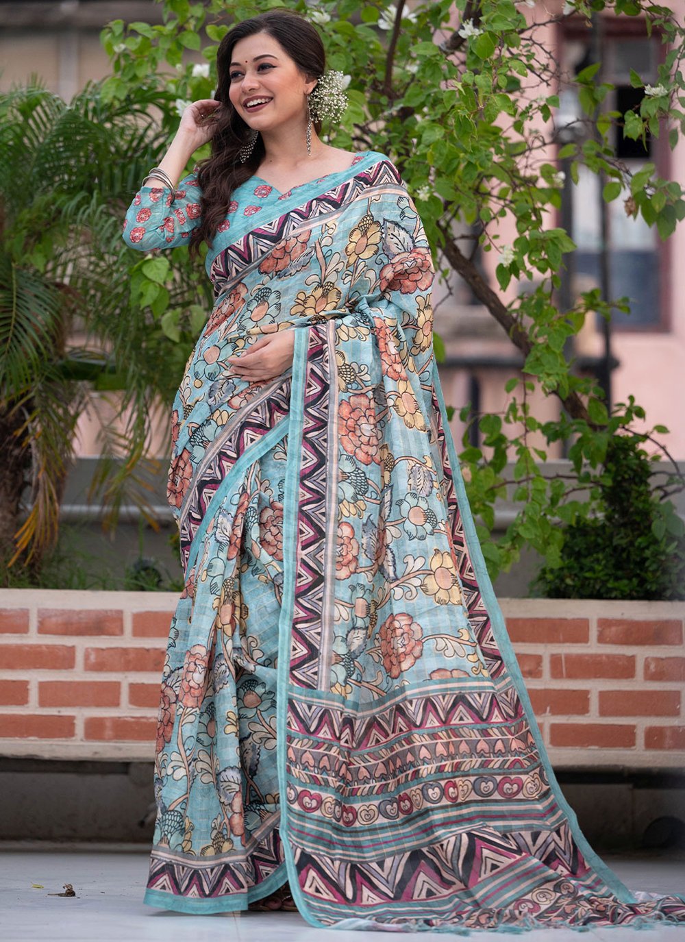 Classic Linen Blue Print Saree