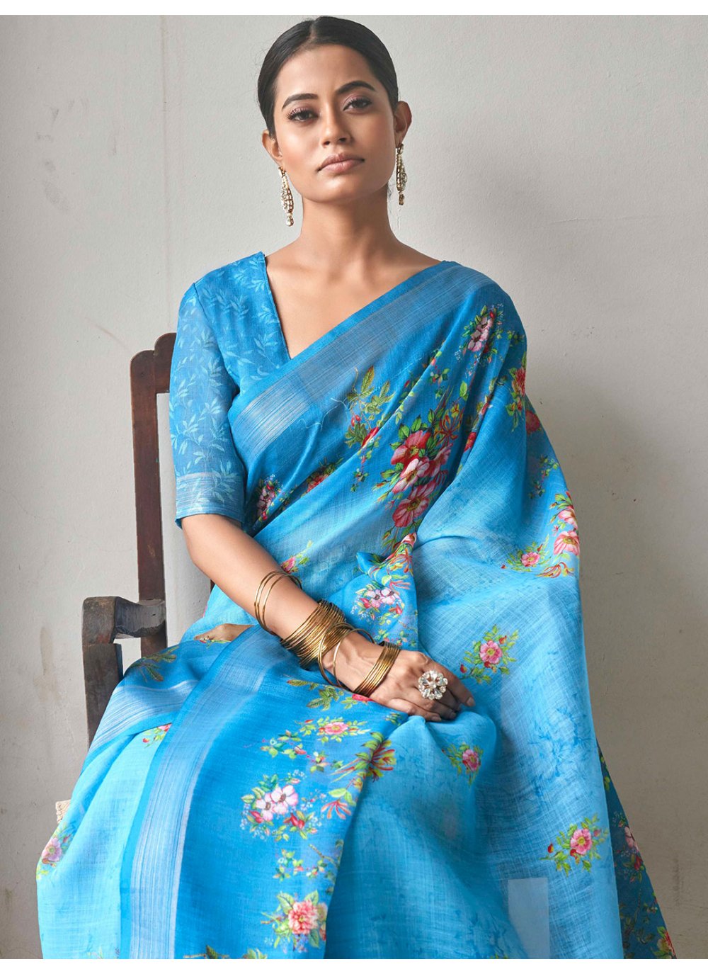 Classic Linen Turquoise Print Saree