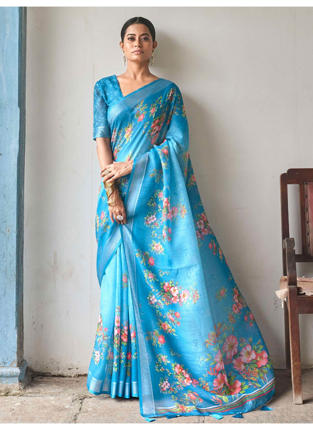 Classic Linen Turquoise Print Saree