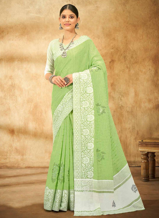 Trendy Saree Linen Sea Green Print Saree