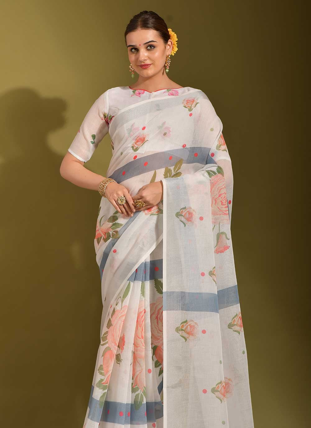 Classic Linen White Print Saree