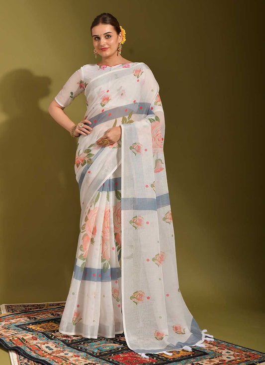 Classic Linen White Print Saree