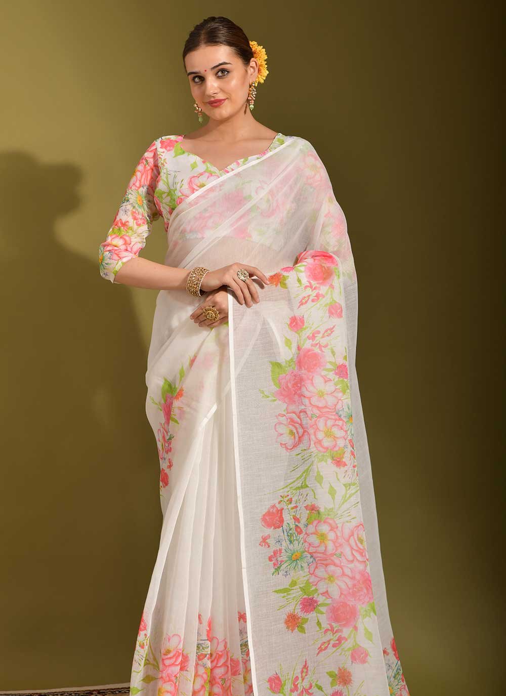 Trendy Saree Linen White Print Saree