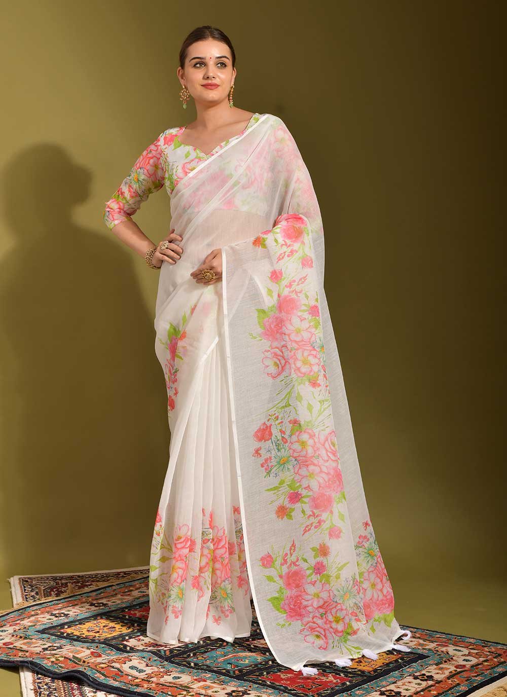 Trendy Saree Linen White Print Saree