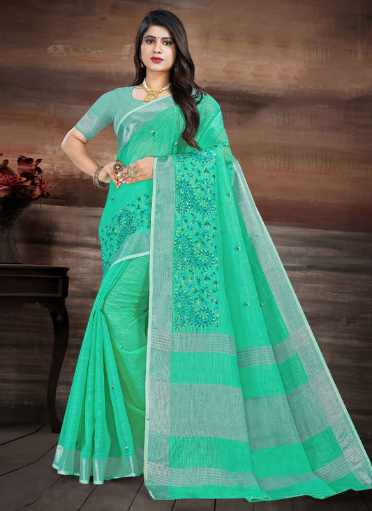 Trendy Saree Linen Turquoise Embroidered Saree