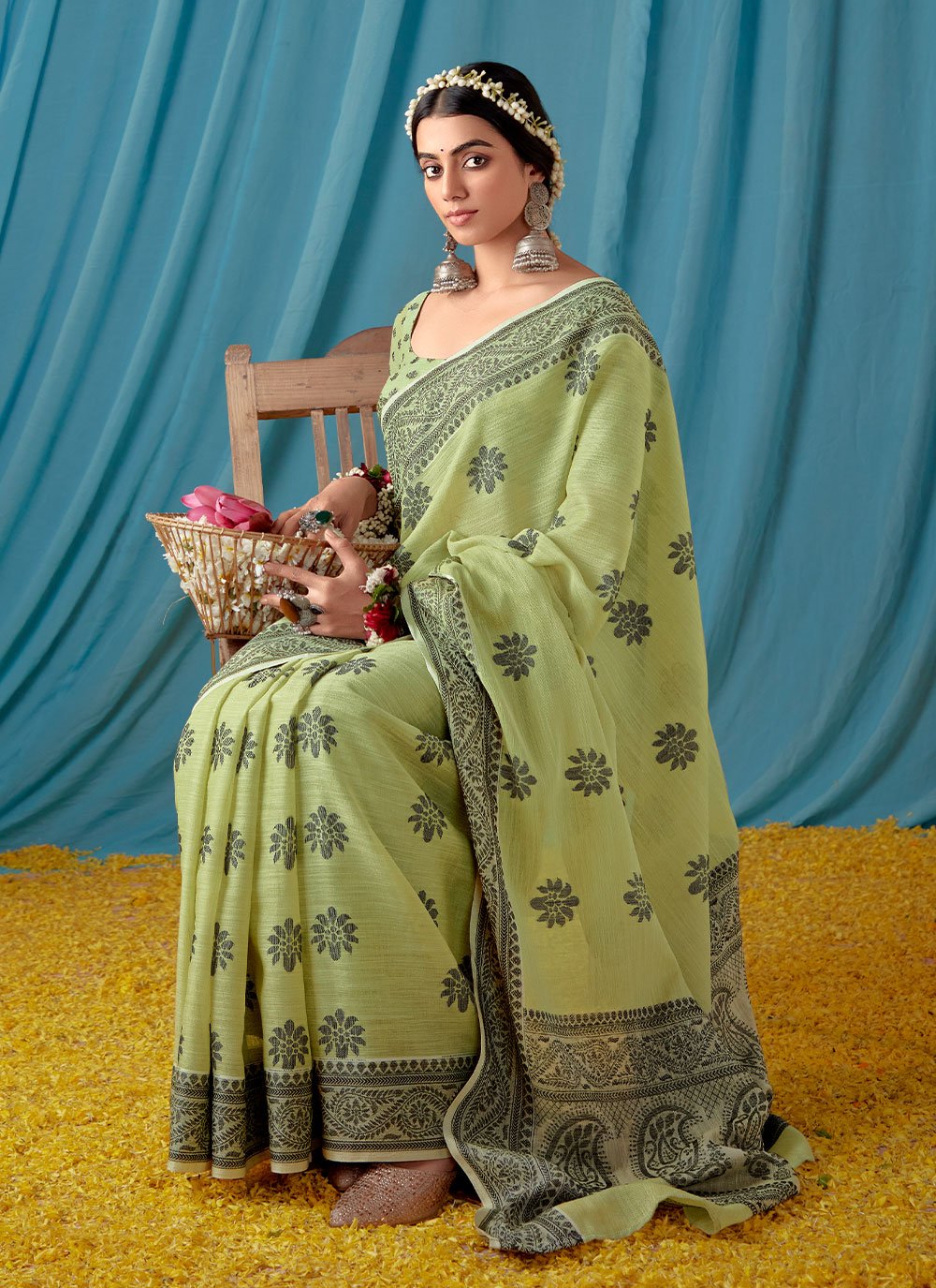 Classic Linen Sea Green Lucknowi Work Saree