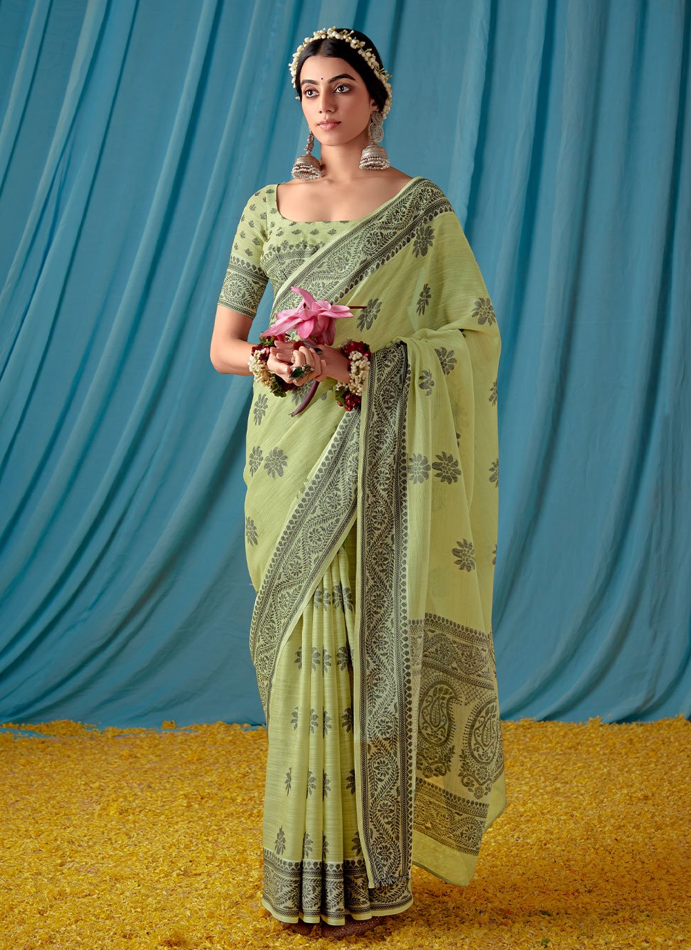 Classic Linen Sea Green Lucknowi Work Saree