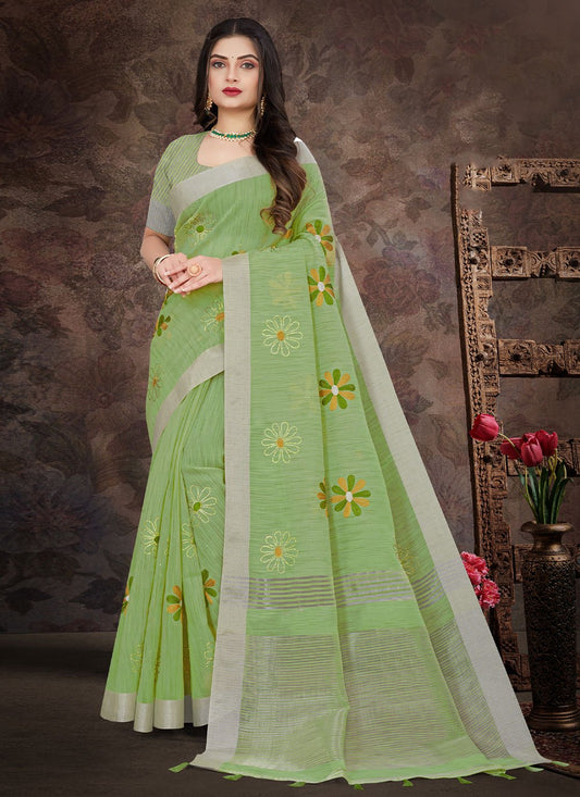 Contemporary Linen Sea Green Embroidered Saree