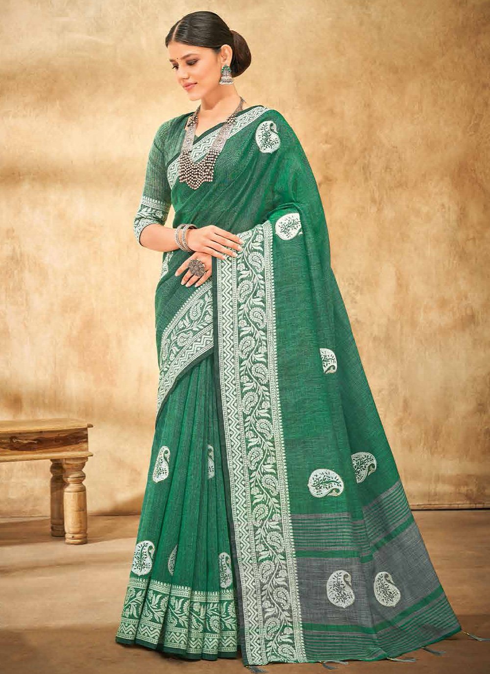 Classic Linen Teal Print Saree