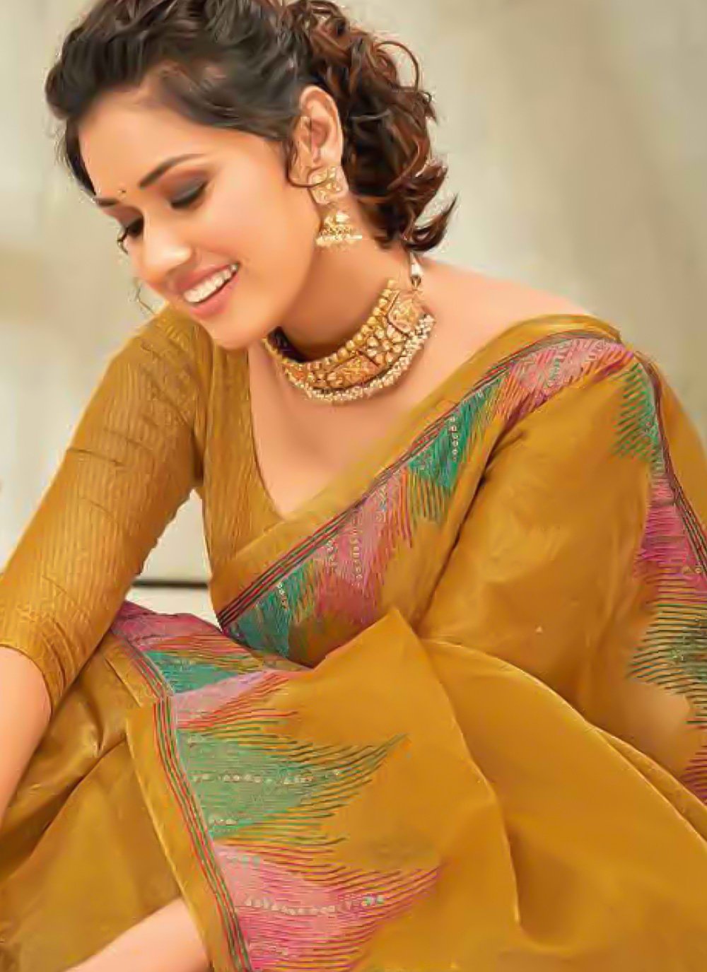 Contemporary Linen Mustard Embroidered Saree