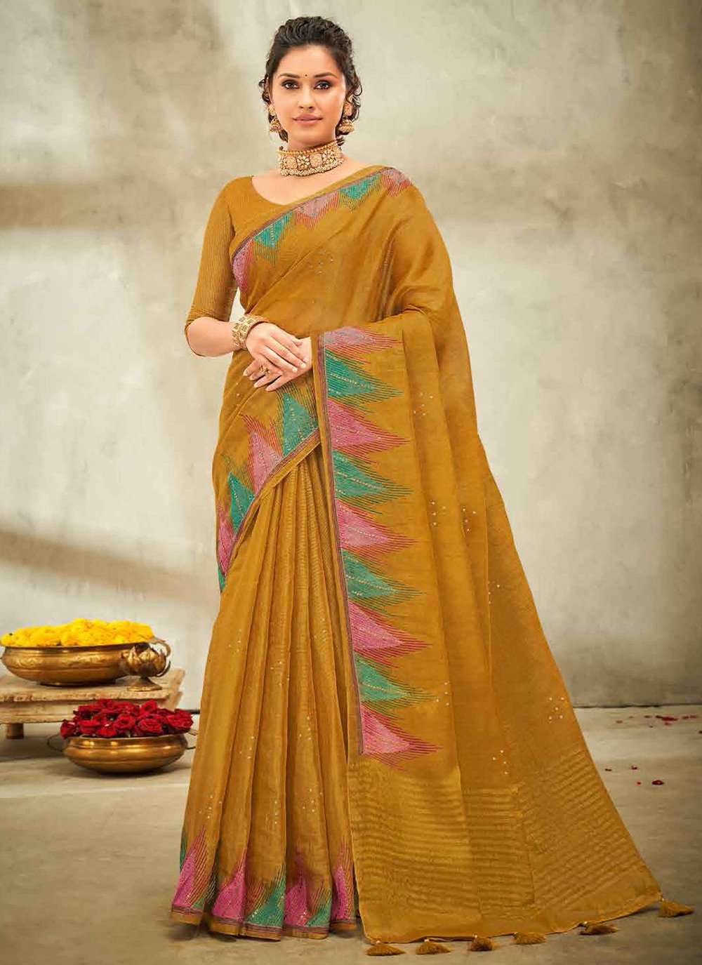 Contemporary Linen Mustard Embroidered Saree