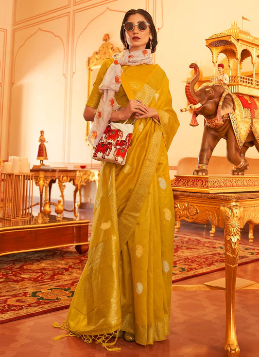 Trendy Saree Linen Yellow Weaving Saree