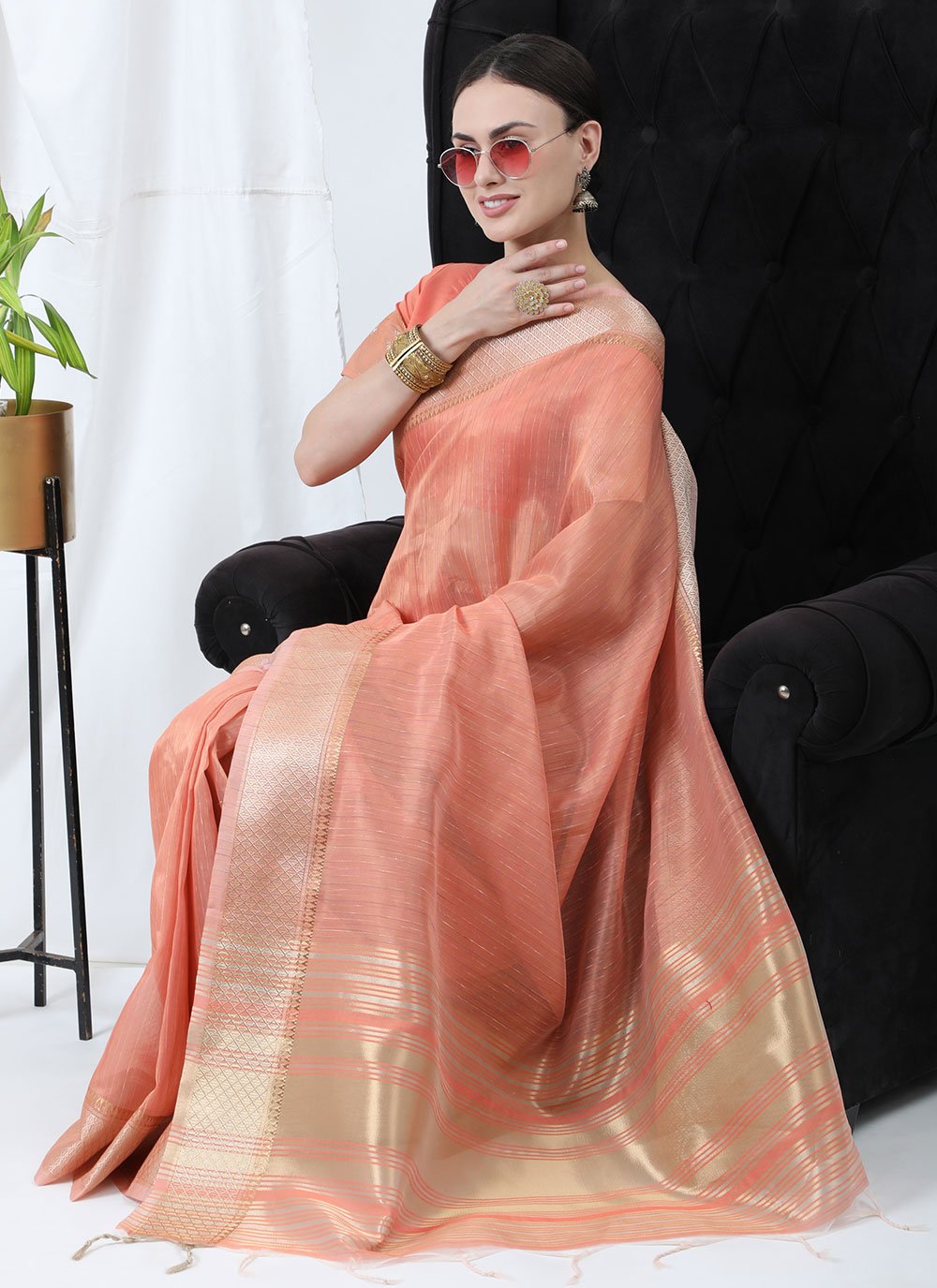 Trendy Saree Linen Tissue Peach Strips Print Saree