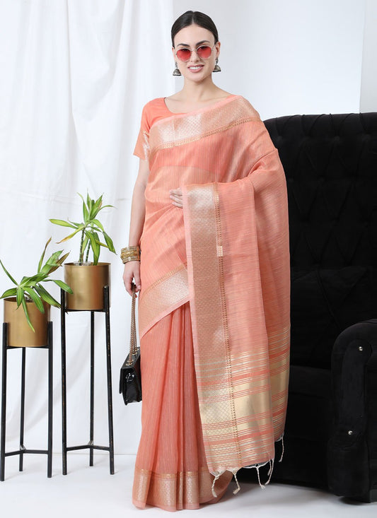 Trendy Saree Linen Tissue Peach Strips Print Saree