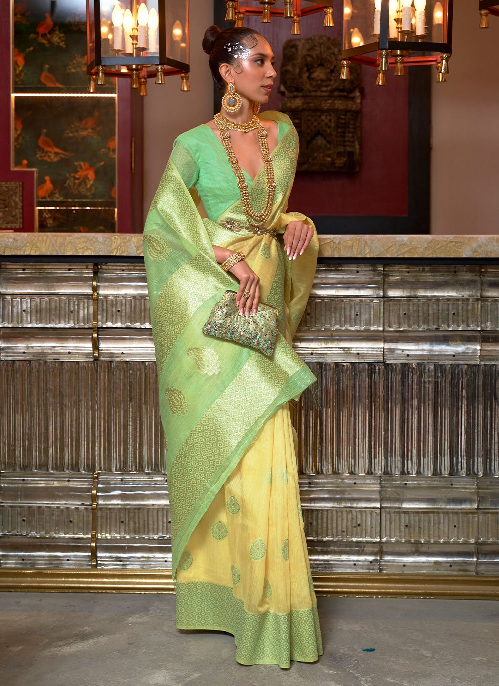 Contemporary Linen Yellow Weaving Saree