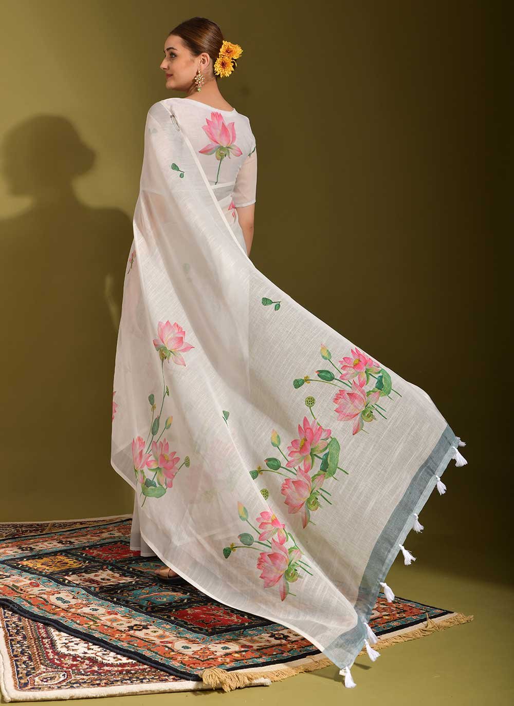 Contemporary Linen White Print Saree