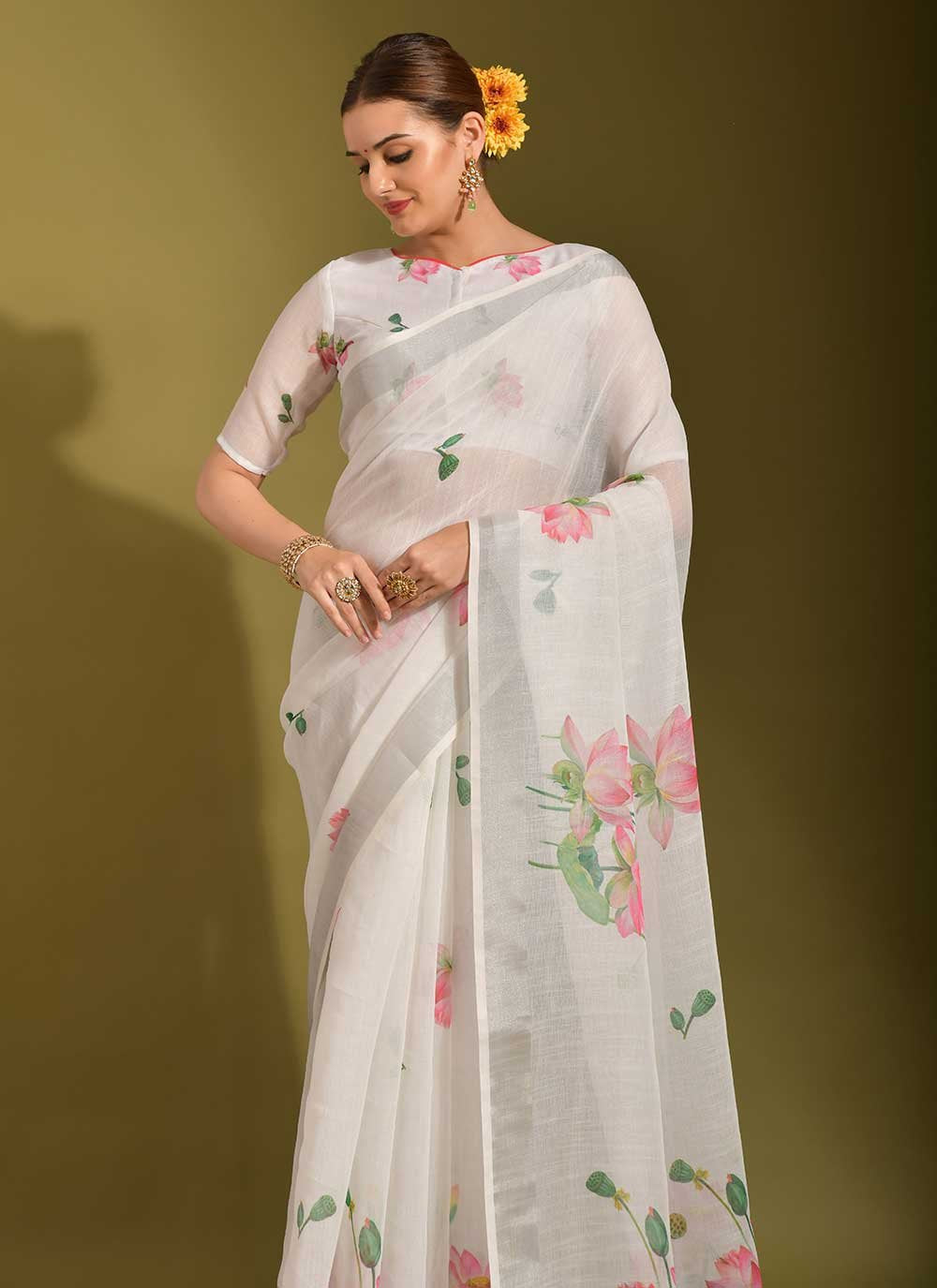 Contemporary Linen White Print Saree