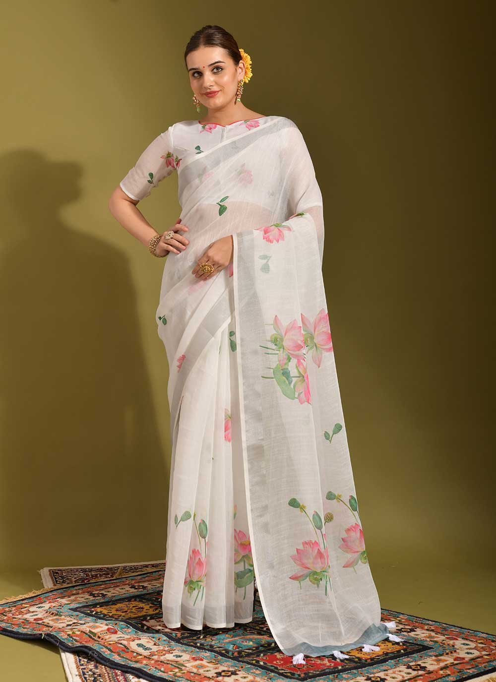 Contemporary Linen White Print Saree