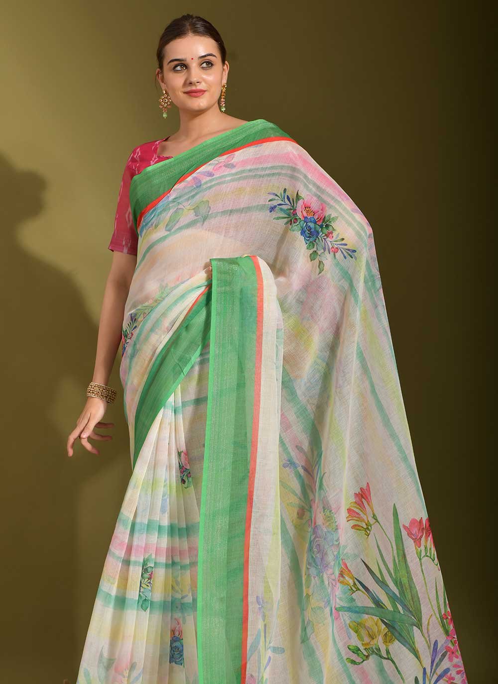 Classic Linen White Print Saree