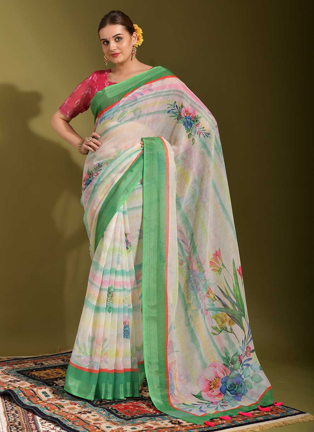 Classic Linen White Print Saree