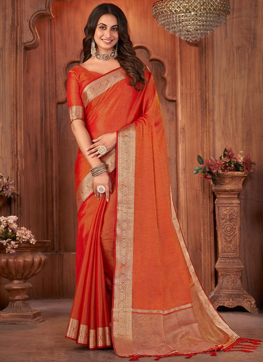 Trendy Saree Khadi Silk Linen Orange Woven Saree